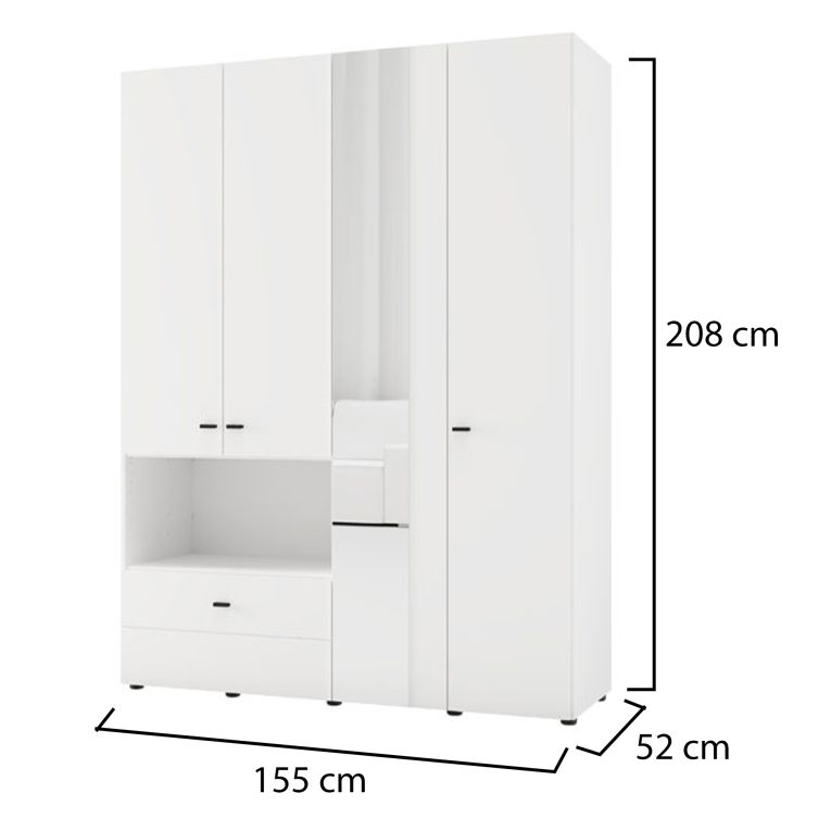 Guardaroba Grande Bianco Opaco Nero 4 Ripiani un Cassetto 155x208h cm, Appendiabiti - Omete