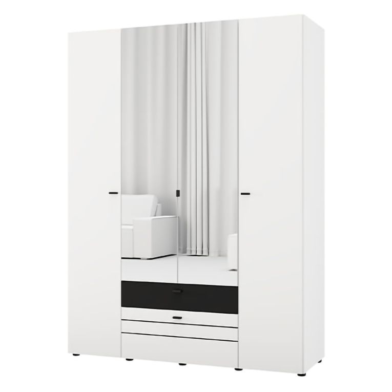 Guardaroba Grande Bianco Opaco Nero 6 Ripiani 2 Cassetti 155x208h cm, Appendiabiti - Watamu