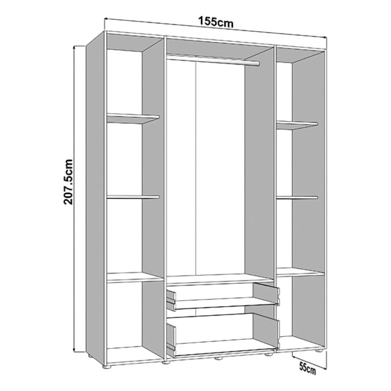 Guardaroba Grande Bianco Opaco Nero 6 Ripiani 2 Cassetti 155x208h cm, Appendiabiti - Watamu