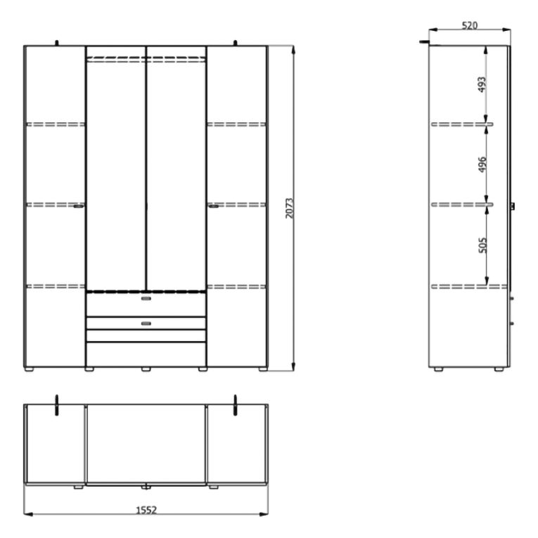Guardaroba Grande Bianco Opaco Nero 6 Ripiani 2 Cassetti 155x208h cm, Appendiabiti - Watamu