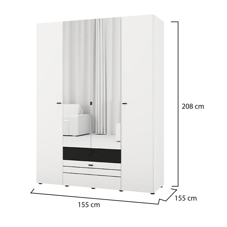 Guardaroba Grande Bianco Opaco Nero 6 Ripiani 2 Cassetti 155x208h cm, Appendiabiti - Watamu