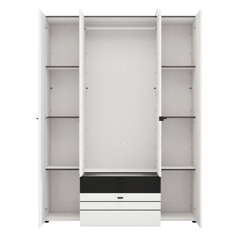 Guardaroba Grande Bianco Opaco Nero 6 Ripiani 2 Cassetti 155x208h cm, Appendiabiti - Watamu