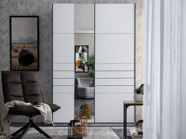 Guardaroba Grande Bianco Opaco Nero Appendiabiti 2 Ripiani 145.5x217.5h cm, Apertura Scorrevole - Vialone
