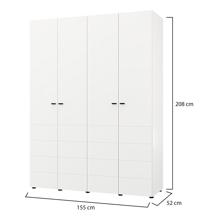 Guardaroba Grande Bianco Opaco Nero Appendiabiti 2 Ripiani 155x208h cm, 4 Vani - Soris