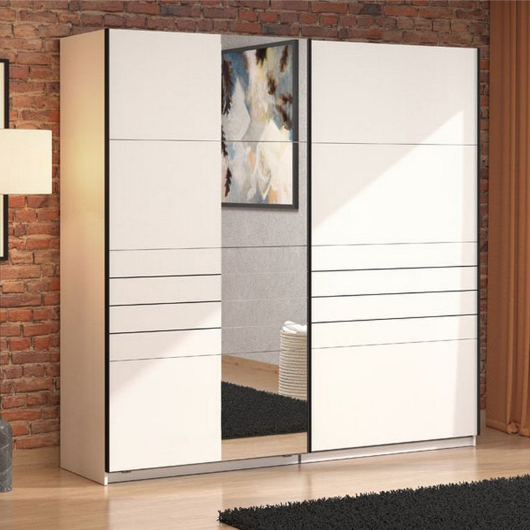 Guardaroba Grande Bianco Opaco Nero Appendiabiti 2 Ripiani 220x217.5h cm, Apertura Scorrevole - Spartano