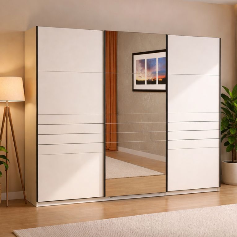 Guardaroba Grande Bianco Opaco Nero Appendiabiti 2 Ripiani 267x217h cm, Apertura Scorrevole - Tures