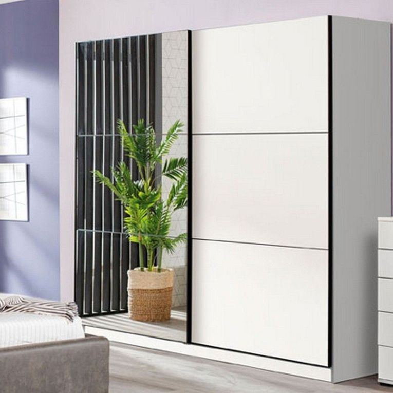 Guardaroba Grande Bianco Opaco Nero Appendiabiti 8 Ripiani 217x210h cm, Apertura Scorrevole - Soncino