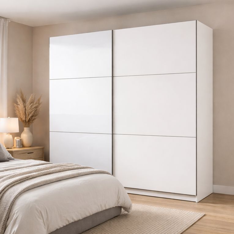 Guardaroba Grande Bianco Opaco Nero Appendiabiti 8 Ripiani 217x210h cm, Apertura Scorrevole - Soncino