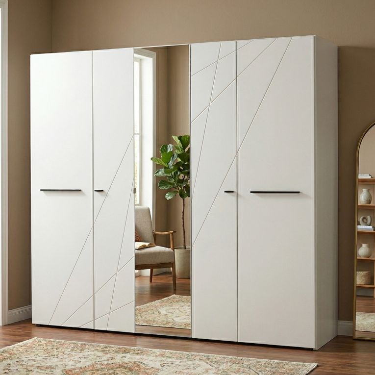 Guardaroba Grande Bianco Opaco Trasparente Appendiabiti 6 Ripiani 223.5x206h cm, 9 Vani - Martano