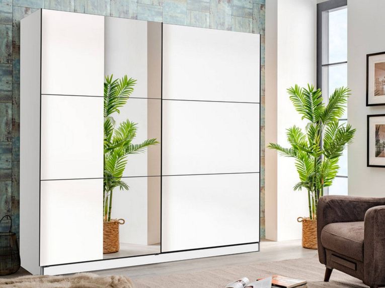 Guardaroba Grande Bianco Opaco Trasparente Appendiabiti 8 Ripiani 236.5x210h cm, Apertura Scorrevole - Sorgono