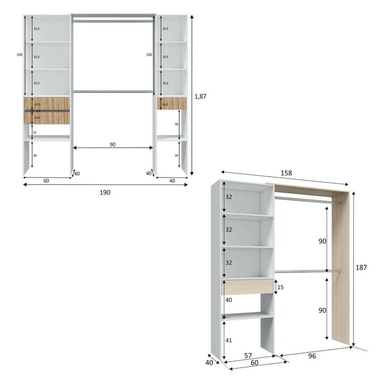 Guardaroba Grande Bianco Rovere Marrone Modulabile 4 Cassetti 354x187h cm, 12 Ripiani - Falcade