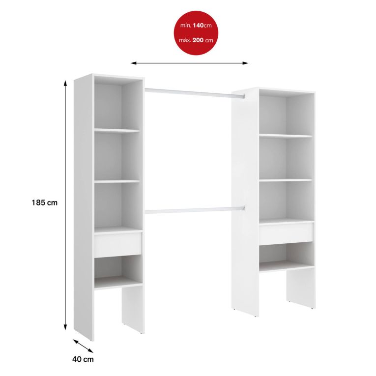 Guardaroba grande Blossberg, Mobile camera da letto, Cabina armadio portabiti, Armadio appendiabiti, 160x50 h185 cm, Bianco