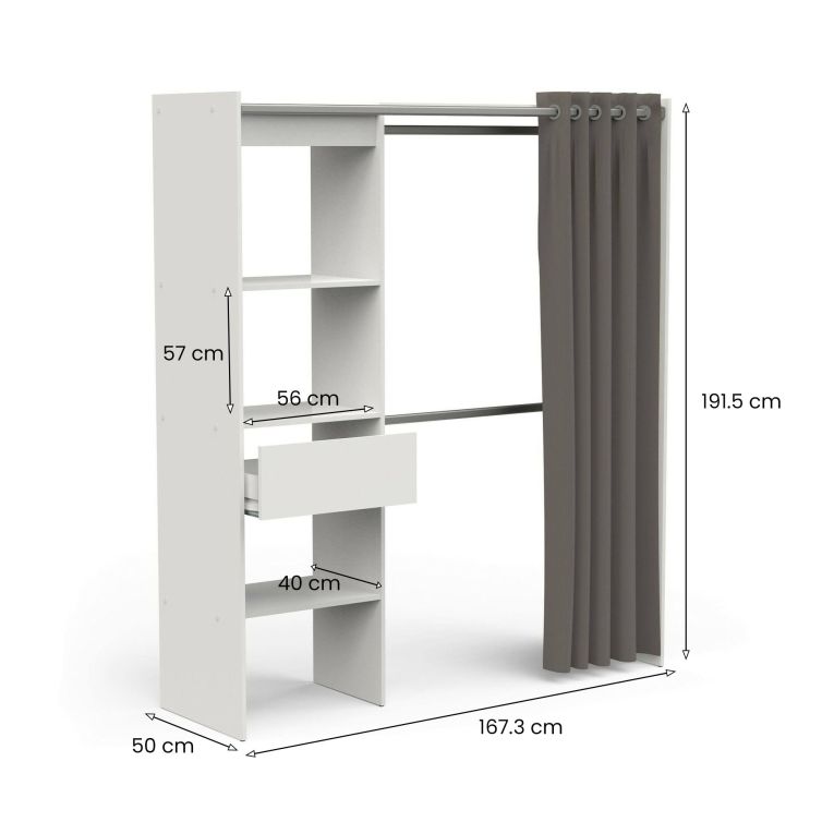 Guardaroba grande Doubs, Mobile camera da letto, Cabina armadio portabiti, Armadio appendiabiti, 167x50 h192 cm, Bianco opaco