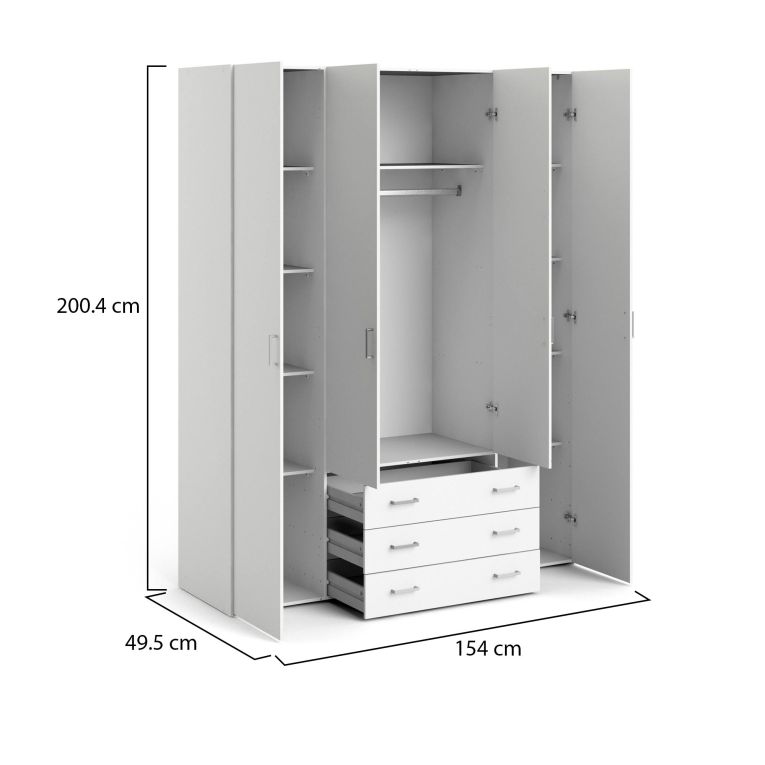 Guardaroba grande Francine, Mobile camera da letto, Cabina armadio portabiti, Armadio appendiabiti, 154x50 h200 cm, Bianco