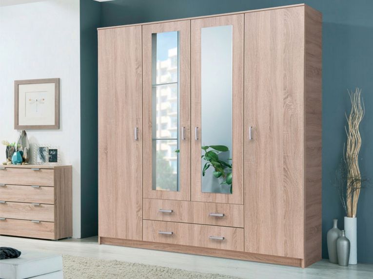Guardaroba Grande Marrone Noce 9 Ripiani Appendiabiti 160x205h cm, 4 Ante - Miazzina