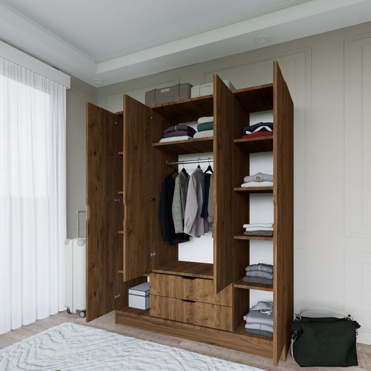 Guardaroba Grande Marrone Noce Appendiabiti 9 Ripiani 140x182h cm, 2 Cassetti - Paterno