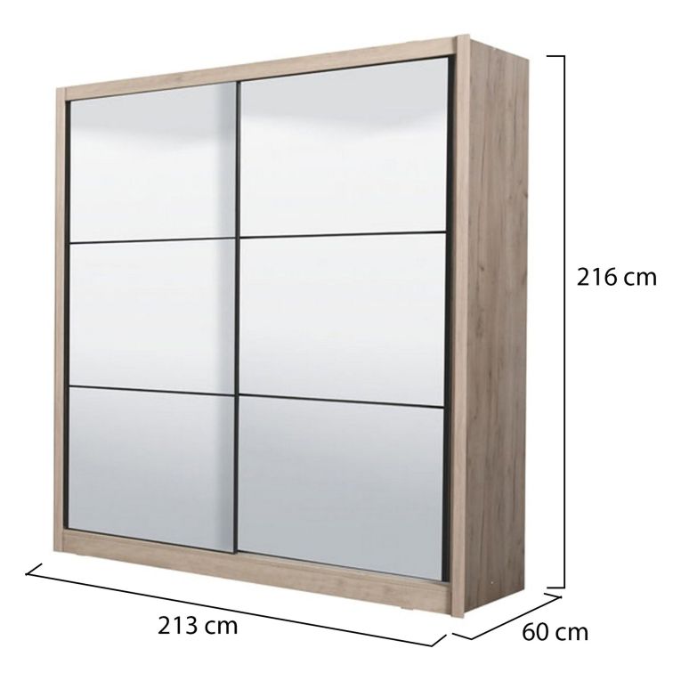 Guardaroba Grande Marrone Rovere Grigio Nero Appendiabiti 5 Ripiani 213x215.5h cm, Apertura Scorrevole - Godrano