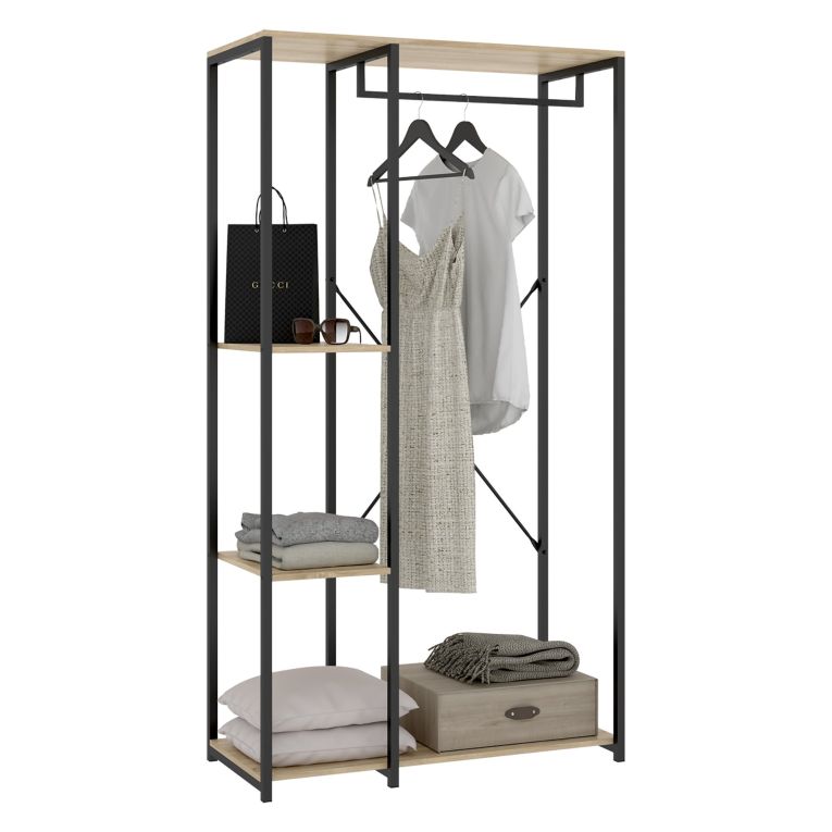 Guardaroba Grande Marrone Rovere Nero 3 Ripiani Appendiabiti 40x167h cm, Cassetti - Clovis