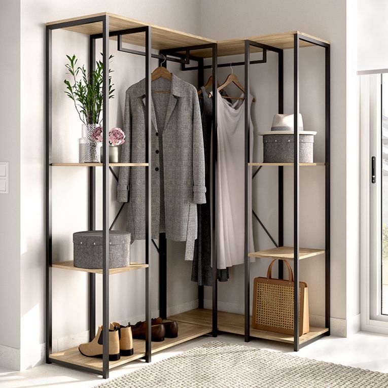 Guardaroba Grande Marrone Rovere Nero 5 Ripiani Appendiabiti 130x167h cm, Cassetti - Hollis