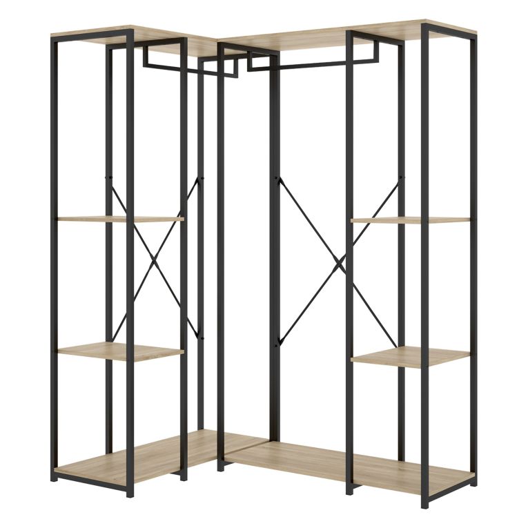 Guardaroba Grande Marrone Rovere Nero 5 Ripiani Appendiabiti 130x167h cm, Cassetti - Hollis