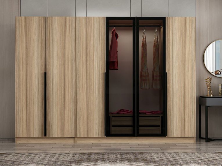 Guardaroba Grande Marrone Rovere Nero Fume Appendiabiti 10 Ripiani 270x210h cm, 6 Ante - Roviano