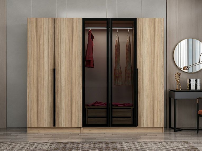 Guardaroba Grande Marrone Rovere Nero Fume Appendiabiti 6 Ripiani 225x210h cm, 5 Ante - Sinibalda