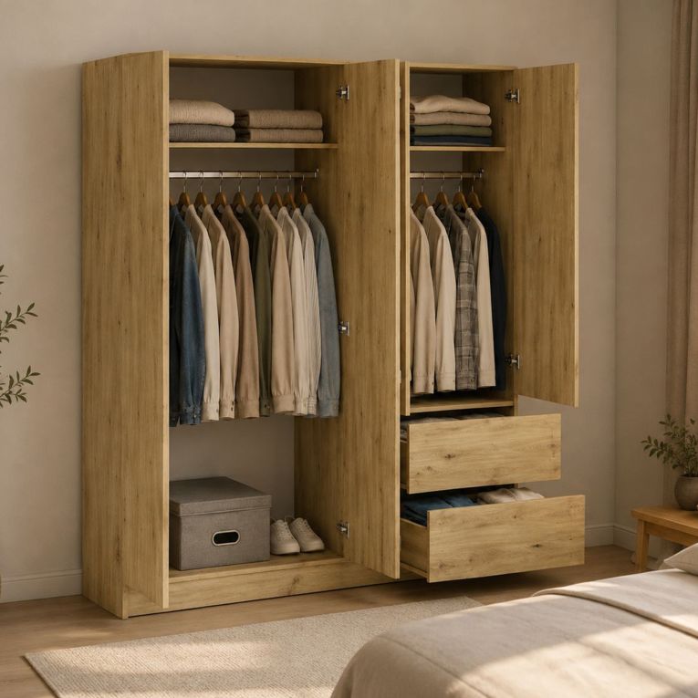 Guardaroba Grande Marrone Rovere Nodi 2 Ripiani Appendiabiti 195x205h cm, 2 Cassetti - Lesomiha