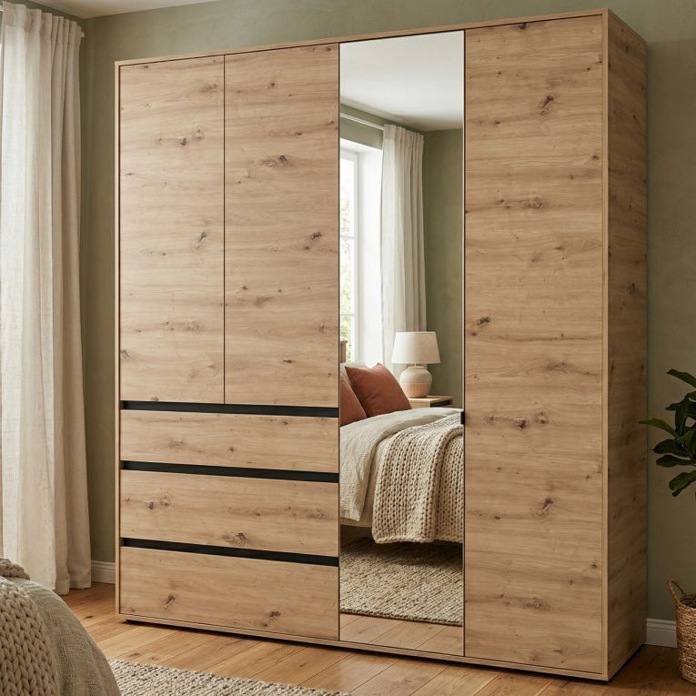 Guardaroba Grande Marrone Rovere Nodi Nero 4 Ripiani 3 Cassetti 183x211h cm, Appendiabiti - Rifreddoo