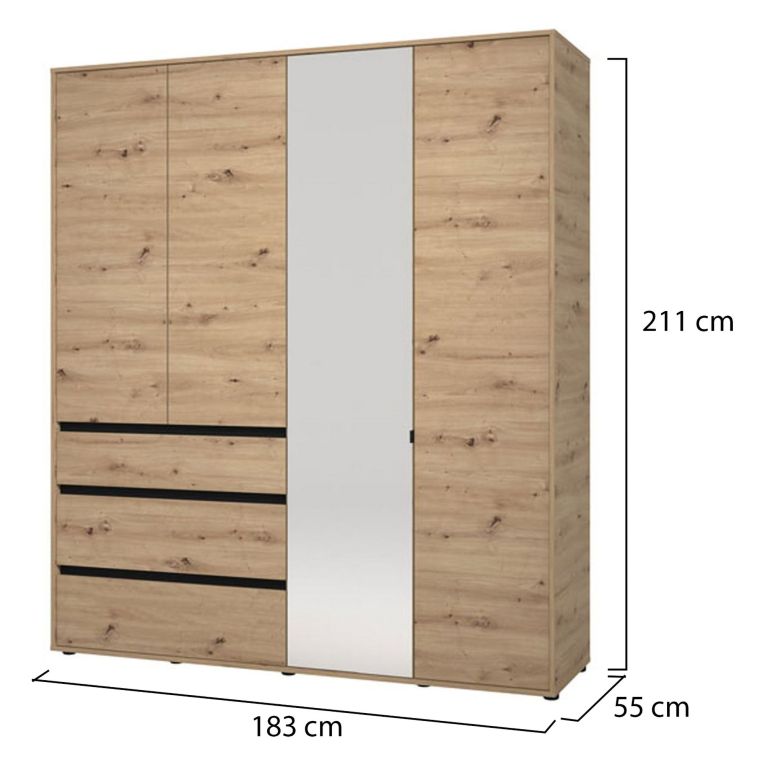 Guardaroba Grande Marrone Rovere Nodi Nero 4 Ripiani 3 Cassetti 183x211h cm, Appendiabiti - Rifreddoo