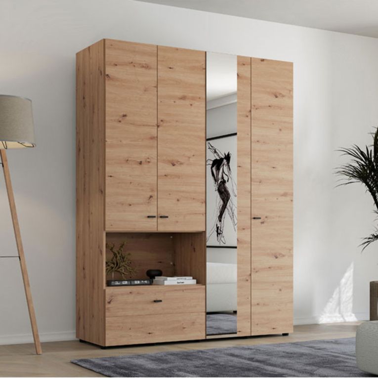 Guardaroba Grande Marrone Rovere Nodi Nero 4 Ripiani un Cassetto 155x208h cm, Appendiabiti - Omete
