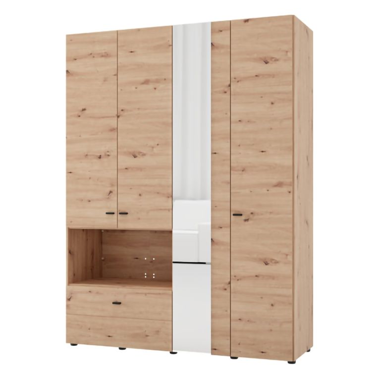 Guardaroba Grande Marrone Rovere Nodi Nero 4 Ripiani un Cassetto 155x208h cm, Appendiabiti - Omete
