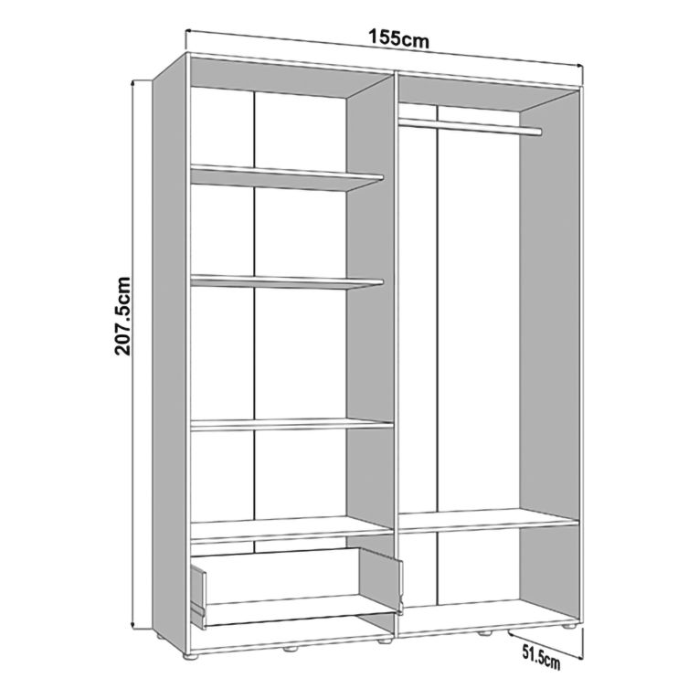 Guardaroba Grande Marrone Rovere Nodi Nero 4 Ripiani un Cassetto 155x208h cm, Appendiabiti - Omete