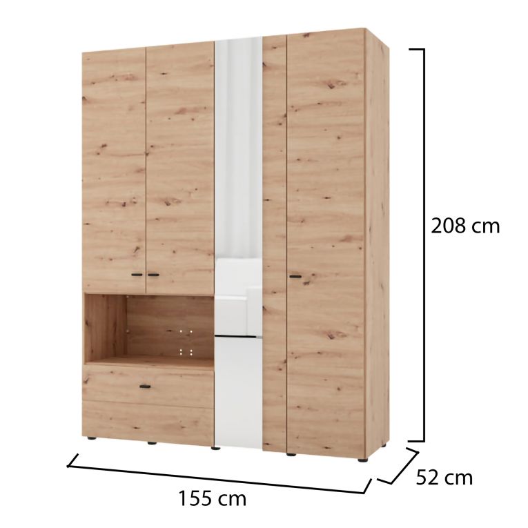 Guardaroba Grande Marrone Rovere Nodi Nero 4 Ripiani un Cassetto 155x208h cm, Appendiabiti - Omete