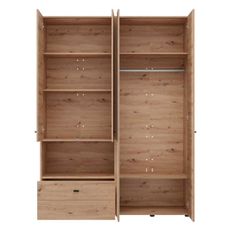Guardaroba Grande Marrone Rovere Nodi Nero 4 Ripiani un Cassetto 155x208h cm, Appendiabiti - Omete