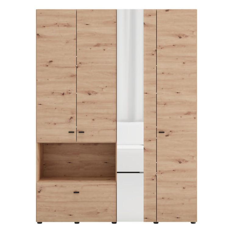 Guardaroba Grande Marrone Rovere Nodi Nero 4 Ripiani un Cassetto 155x208h cm, Appendiabiti - Omete