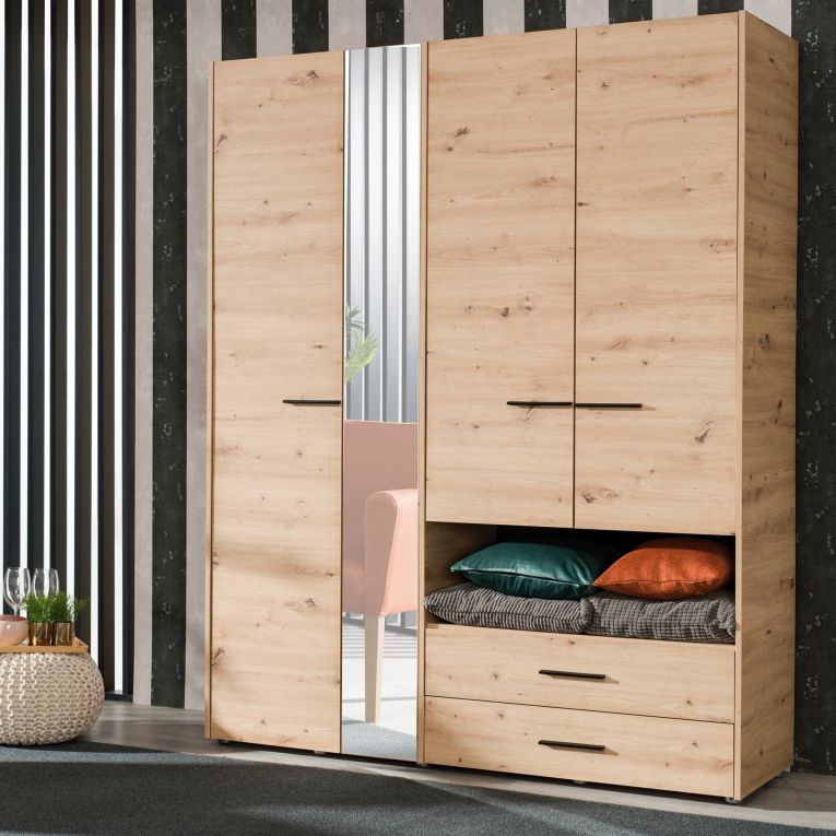 Guardaroba Grande Marrone Rovere Nodi Nero 5 Ripiani 3 Cassetti 161x205.5h cm, Appendiabiti - Teana