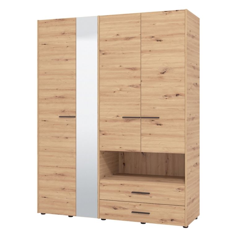 Guardaroba Grande Marrone Rovere Nodi Nero 5 Ripiani 3 Cassetti 161x205.5h cm, Appendiabiti - Teana