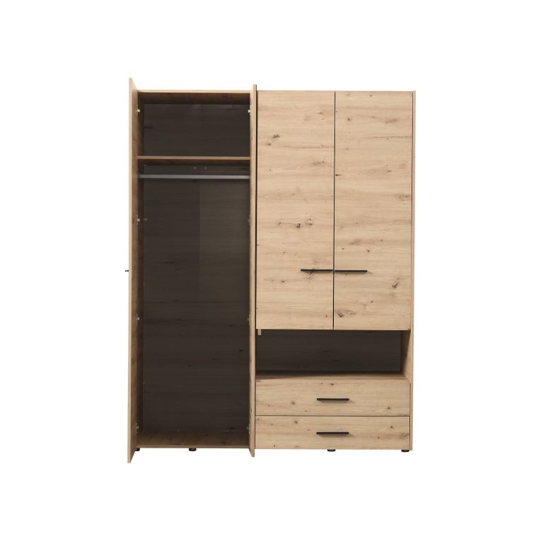 Guardaroba Grande Marrone Rovere Nodi Nero 5 Ripiani 3 Cassetti 161x205.5h cm, Appendiabiti - Teana