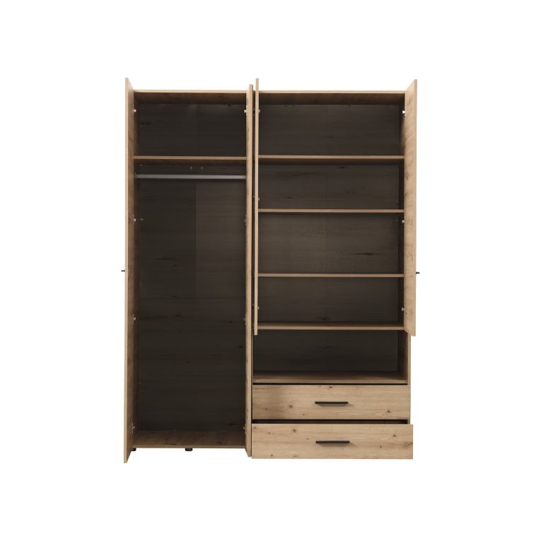 Guardaroba Grande Marrone Rovere Nodi Nero 5 Ripiani 3 Cassetti 161x205.5h cm, Appendiabiti - Teana