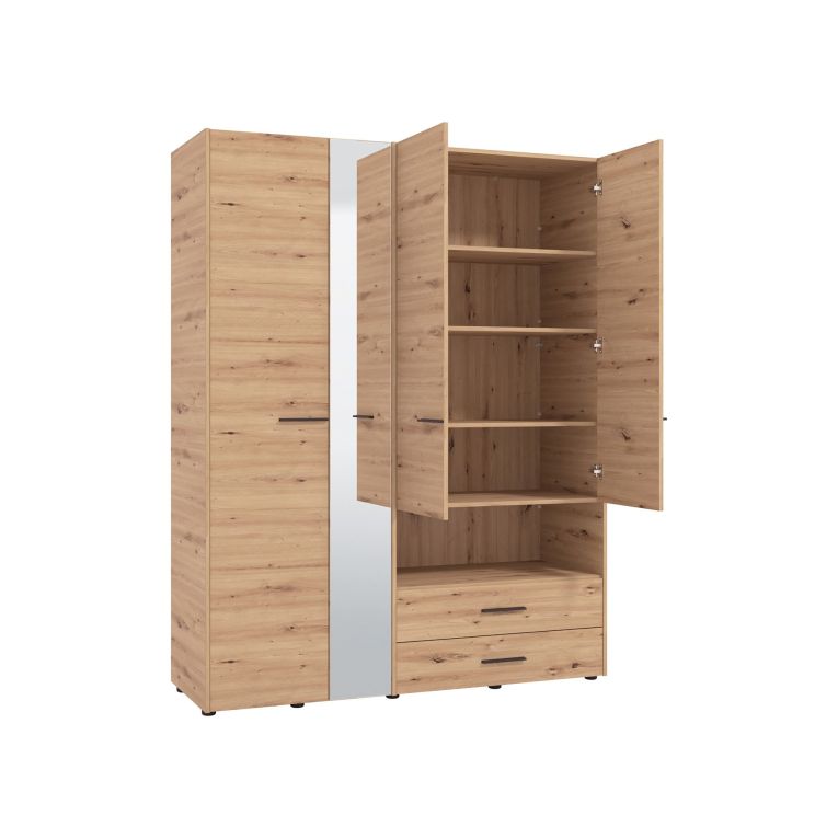 Guardaroba Grande Marrone Rovere Nodi Nero 5 Ripiani 3 Cassetti 161x205.5h cm, Appendiabiti - Teana