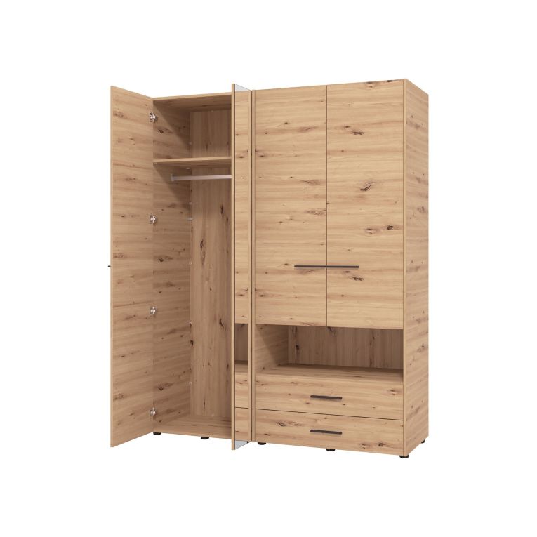 Guardaroba Grande Marrone Rovere Nodi Nero 5 Ripiani 3 Cassetti 161x205.5h cm, Appendiabiti - Teana