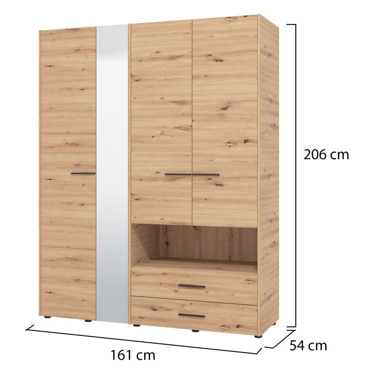Guardaroba Grande Marrone Rovere Nodi Nero 5 Ripiani 3 Cassetti 161x205.5h cm, Appendiabiti - Teana