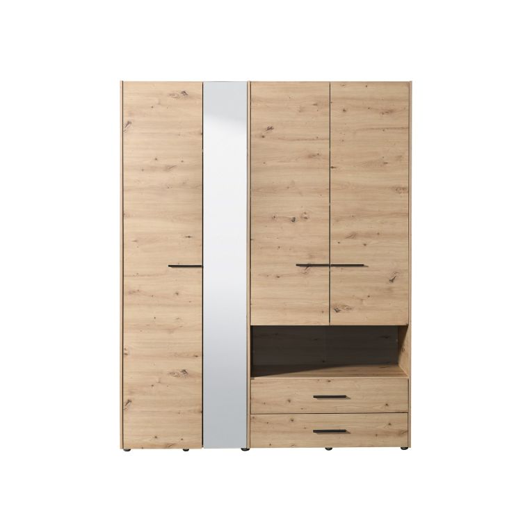Guardaroba Grande Marrone Rovere Nodi Nero 5 Ripiani 3 Cassetti 161x205.5h cm, Appendiabiti - Teana