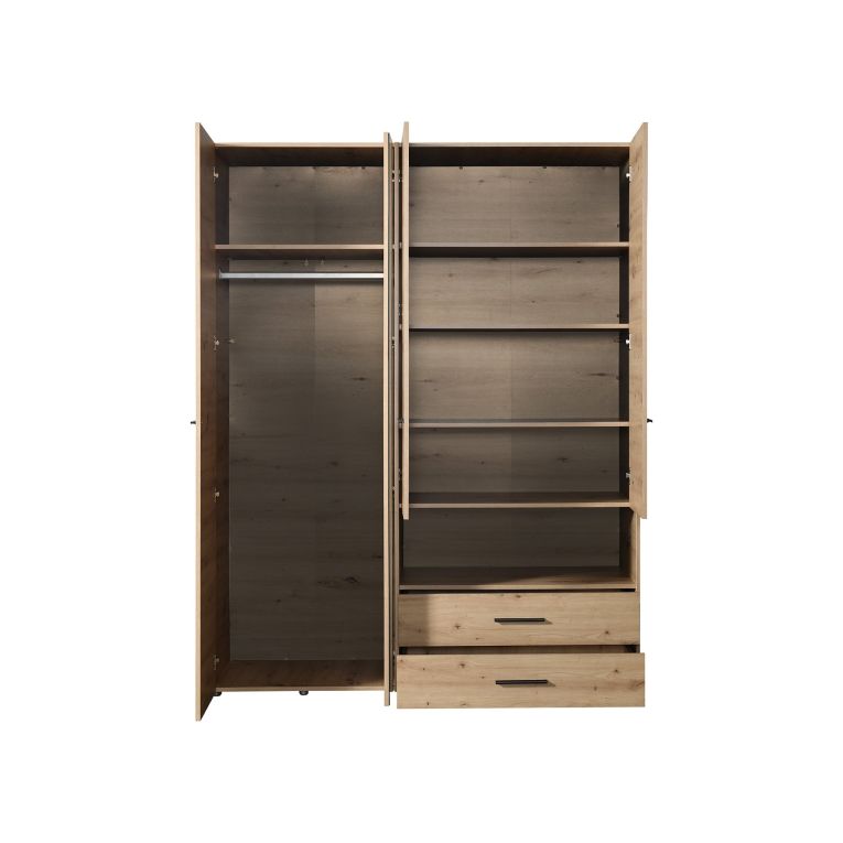 Guardaroba Grande Marrone Rovere Nodi Nero 5 Ripiani 3 Cassetti 161x205.5h cm, Appendiabiti - Teana