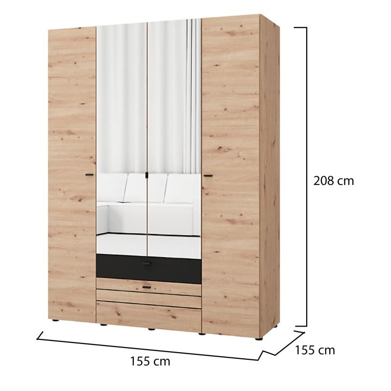 Guardaroba Grande Marrone Rovere Nodi Nero 7 Ripiani 2 Cassetti 155x208h cm, Appendiabiti - Watamu