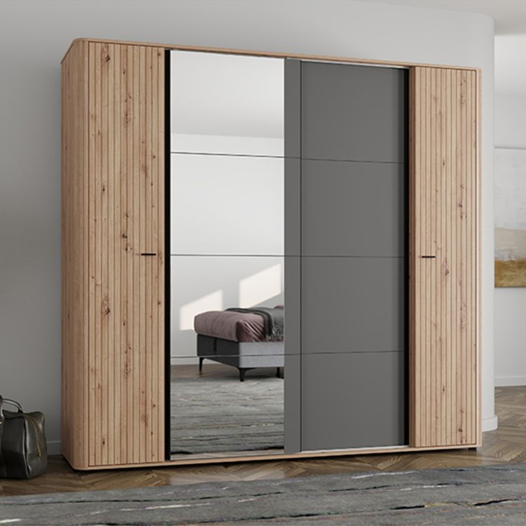 Guardaroba Grande Marrone Rovere Nodi Nero Antracite Appendiabiti 10 Ripiani 232x219h cm, 4 Ante - Hakone