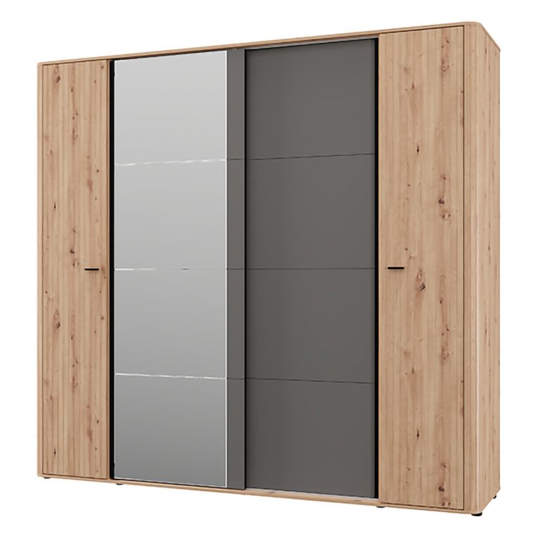 Guardaroba Grande Marrone Rovere Nodi Nero Antracite Appendiabiti 10 Ripiani 232x219h cm, 4 Ante - Hakone