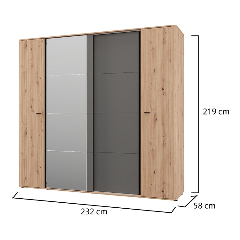 Guardaroba Grande Marrone Rovere Nodi Nero Antracite Appendiabiti 10 Ripiani 232x219h cm, 4 Ante - Hakone