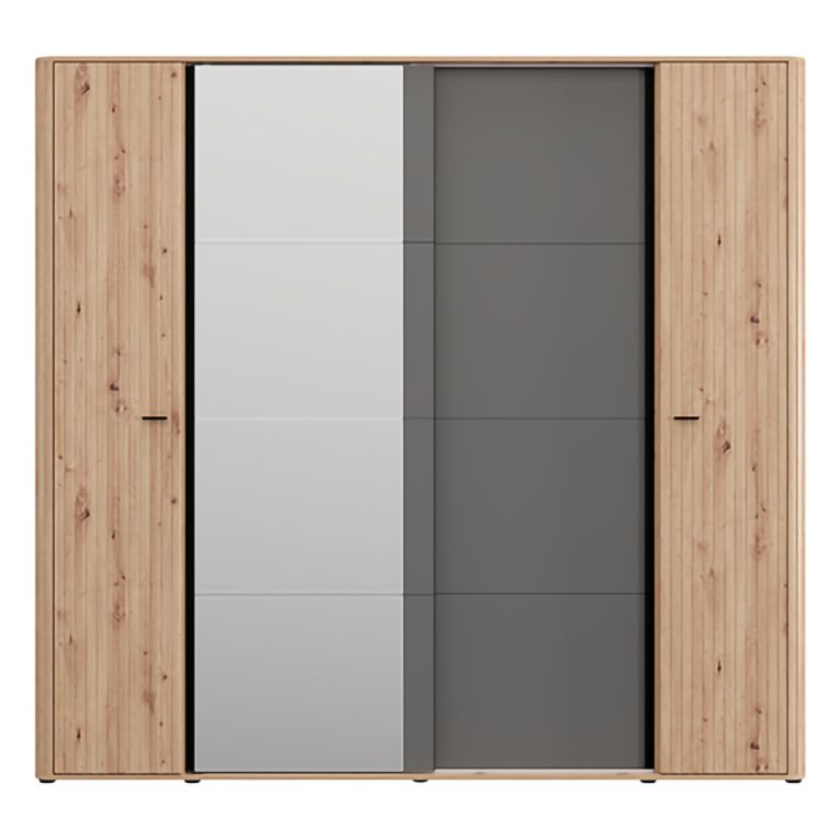 Guardaroba Grande Marrone Rovere Nodi Nero Antracite Appendiabiti 10 Ripiani 232x219h cm, 4 Ante - Hakone