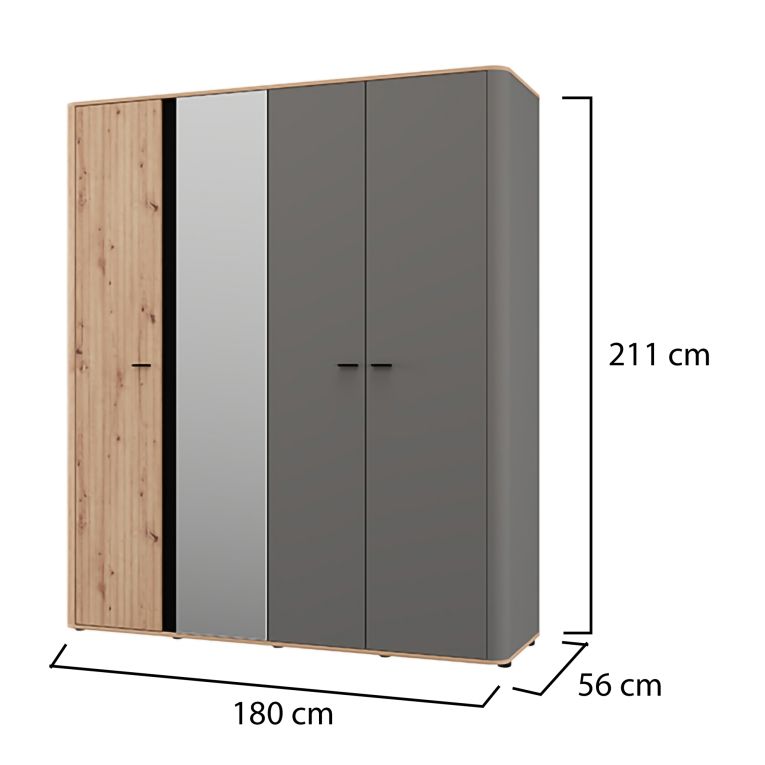 Guardaroba Grande Marrone Rovere Nodi Nero Antracite Appendiabiti 2 Ripiani 180x211h cm, 4 Vani - Truth